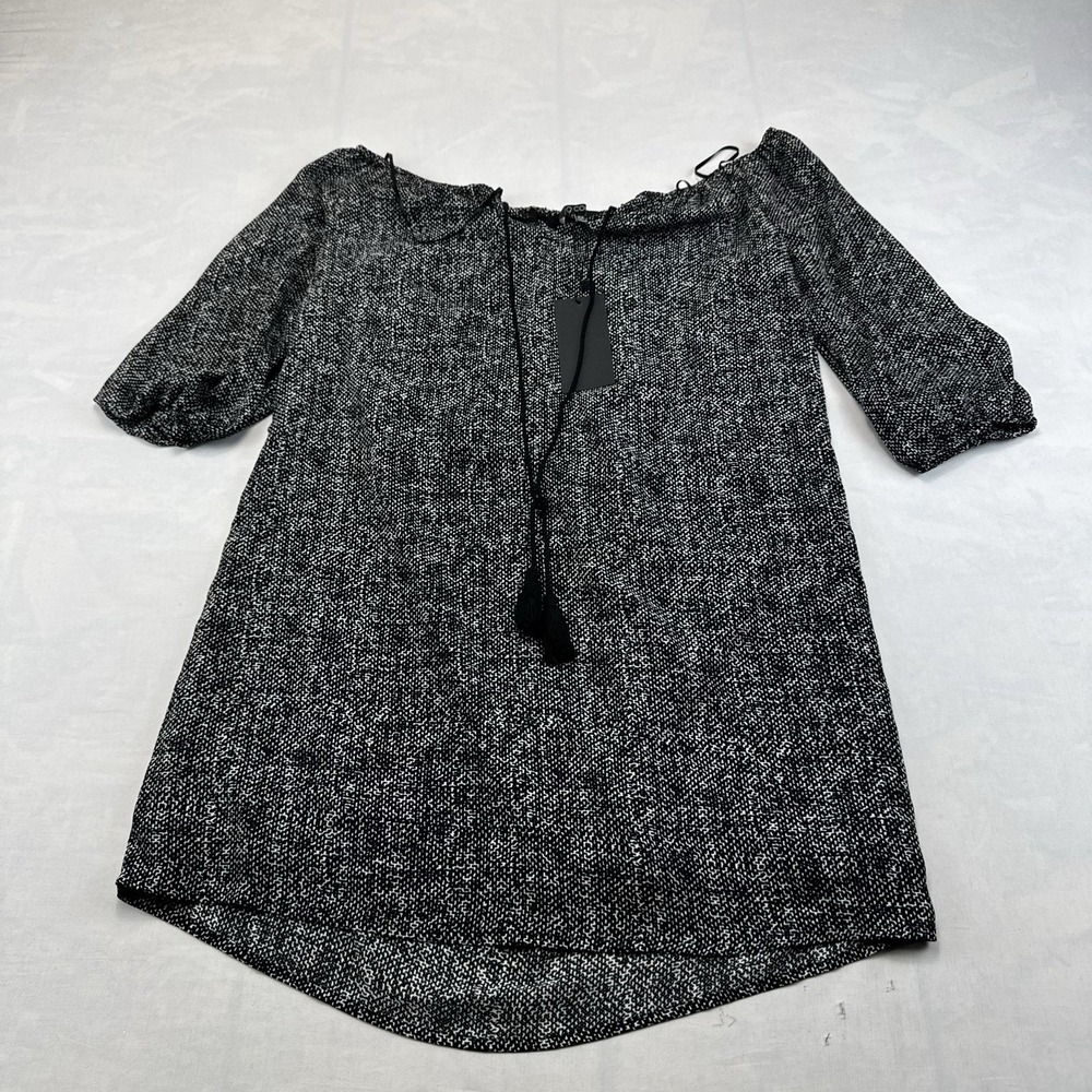 NWT 19 Cooper Women's XS Black White Speckled Tassel Tie Tunic Top